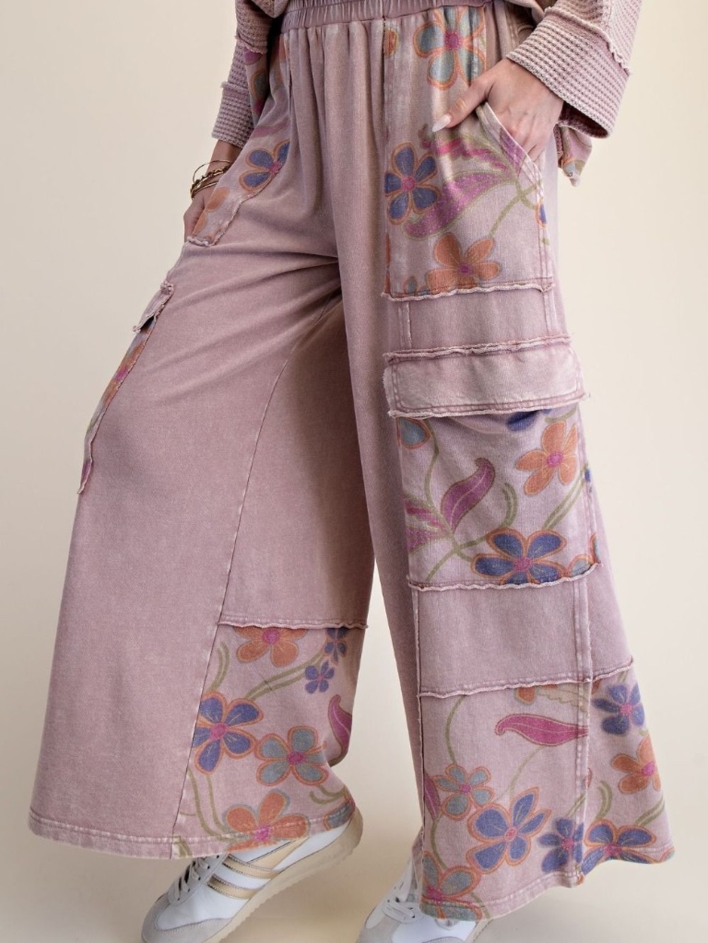 New Easel Knit Pants Boho Floral Washed Terry Relaxed Wide Leg Pull On Cargo - Picture 4 of 5